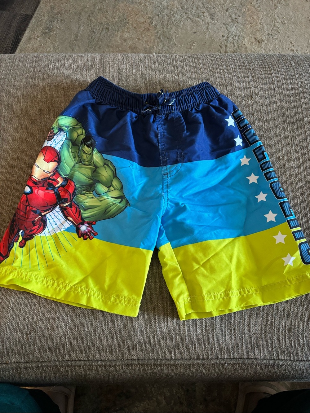 Marvel Boys' Swim Trunks in Blue, Aqua & Yellow with Iron Man & Hulk